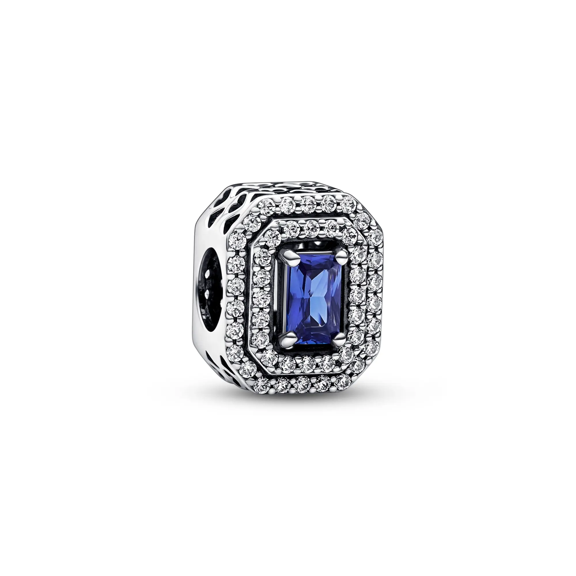 PANDORA Blue Sparkling Levelled Rectangular Charm in 925 Sterling Silver with Blue Crystal, Pavé Trim and Heart Cutout, Bling Effect, 925 Charms & Pendants, Crafted, Cubic Zirconia, Cut-Out Heart Pattern