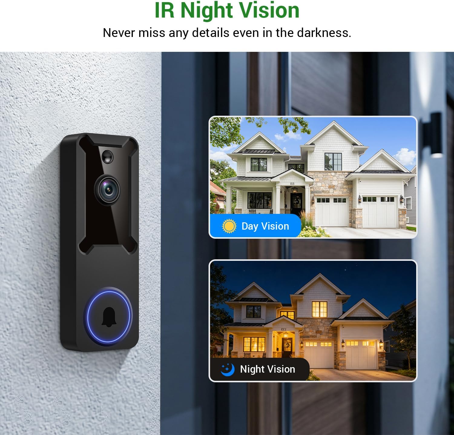 1080p Wireless Wi-Fi Video Doorbell Camera, Night Vision, Two-Way Audio, Smart AI Motion Detection, Live Viewing, Battery-Powered, Supports 2.4GHz Wi-Fi Only, Cloud Storage (Sold Separately)