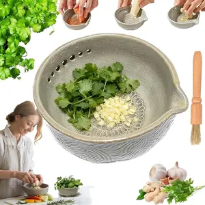 Handmade Garlic Grater & Herb Bowl Set, Two-In-One Stone Kitchen Tool, Design for Sauces, Marinated Foods, Seasoning Jars