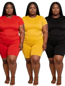 Crewneck Womenswear Shortsleeve Suits – Women’s Two-Piece Solid Color Set,Casual High Stretch Short Sleeve Top & Shorts,Plus Size Fashion for All Seasons Clothes 2 piece sets women