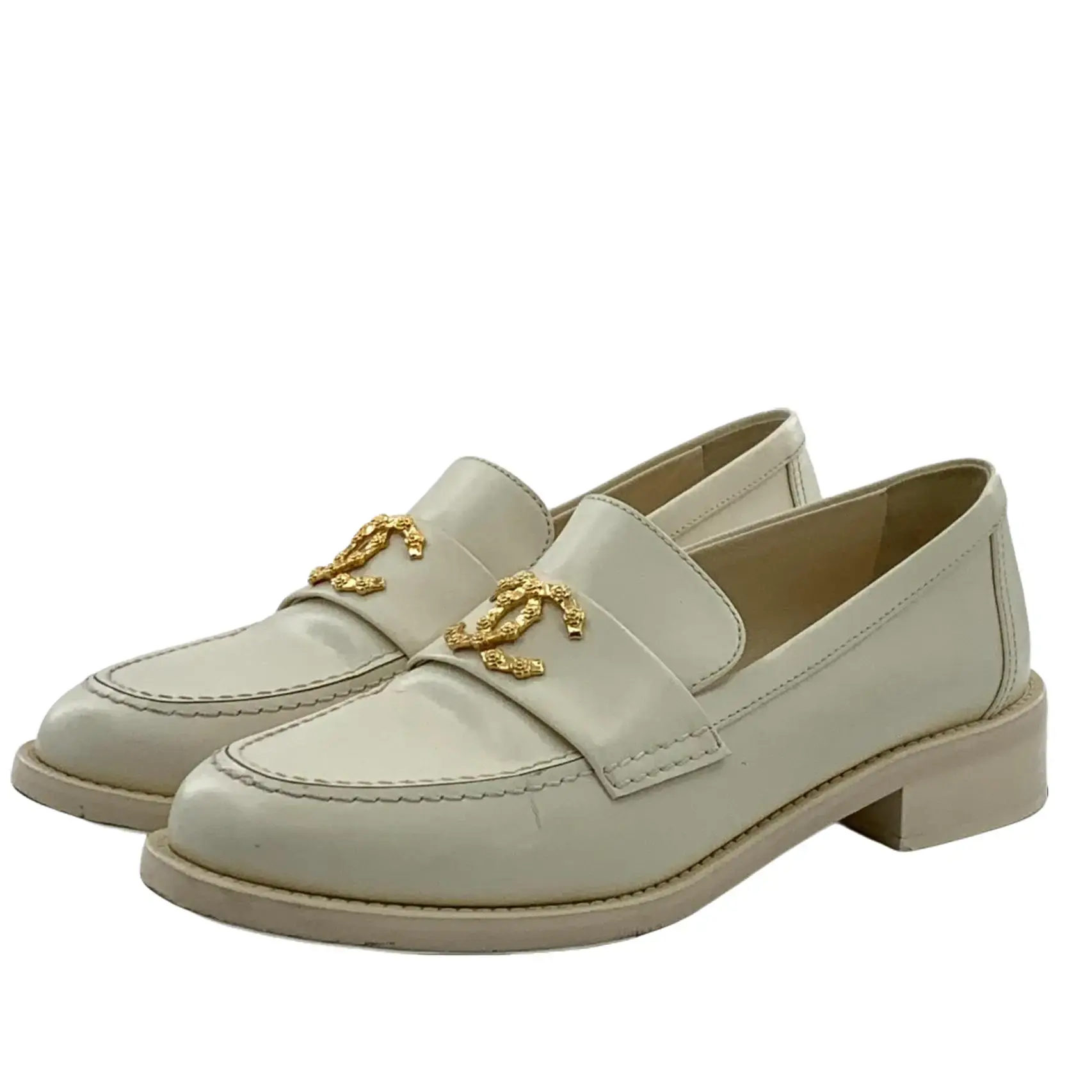 RDLT-Chanel size 38.5 beige calfskin double C logo casual flat loafer shoes-H35730
