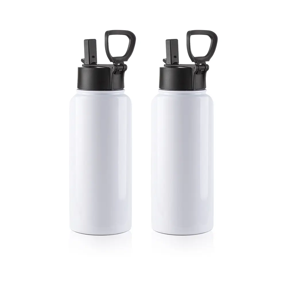 2-Pack 32 oz White Sublimation Portable Sports Water Bottles, Wide Mouth, Handle Cap, Straw, Stainless Steel, Custom Name Print, Workout Water Bottle, Portable Sports Bottle