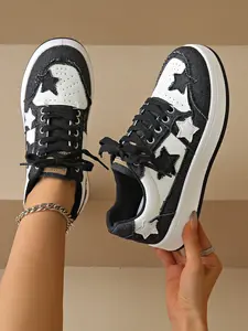 Women's Star Pattern Lace-Up Sport Shoes, Round Toe Low Top Fashion Design, Comfortable Casual Plus Size Women's Shoes, Sneaker, Color Block Sneakers