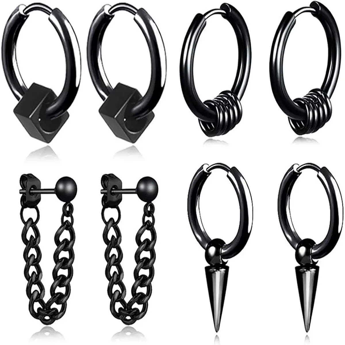 Unisex 4-Pair Hypoallergenic Black Stainless Steel Earring Set - Punk Textured Geometric Studs, Dangle Hoops, Industrial Chain Drop Earrings for Casual Daily Wear, Choking Hazard Small Parts, Stud Earrings