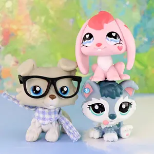 3PCS LPS Toy Set - Husky Dog, Collie Dog with Glasses Scarf, Pink Rabbit Bobble Head Pet Figures, Cute Mini Animal Collectible Toys with Accessories, Gift for Kids & LPS Collectors