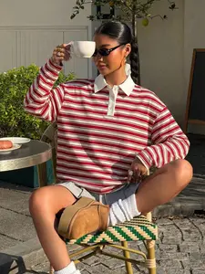 Women's Striped Collared Polo Shirt, Casual Fitted Long Sleeve, Loose Fit, Vintage Style, Perfect for Spring and Outdoor Activities