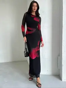 Women's Floral Print Sheer Tulle Dress, Elegant Slim Long Sleeve Round Neck Long Dress for Party Holiday Wedding Guest, Dresses for Women, Ladies Clothes for All Seasons