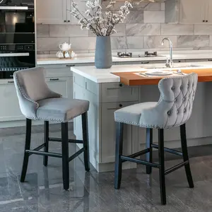 Bar Stools Set of 2, Velvet Upholstered Counter Height Chairs with Button Tufted Decoration, Chrome Nailhead Trim and Wooden Legs, Modern Bar Chairs, Wing-Back Barstools