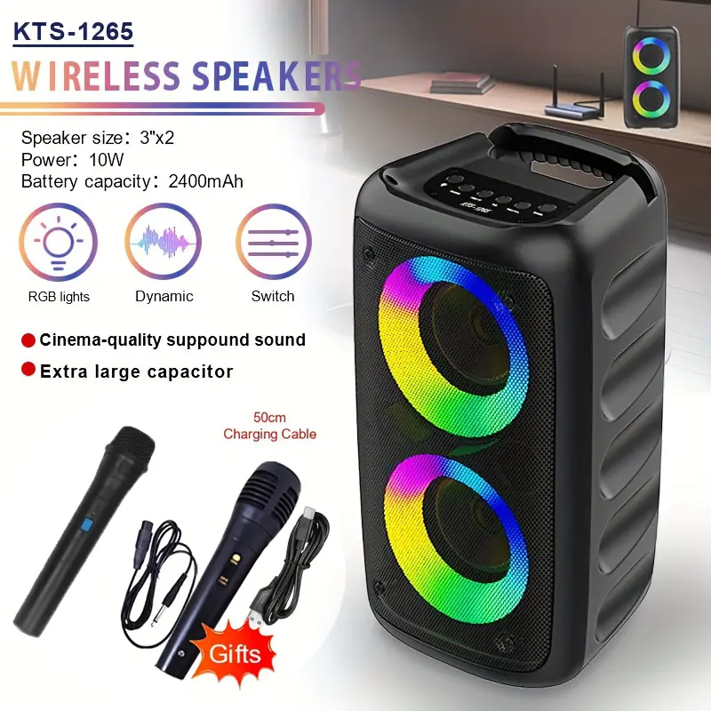 Amplifier Speaker with RGB Dual Bass Speakers, Microphone, Portable Wireless Audios for Home Party, Watch Party Entertainment Gift