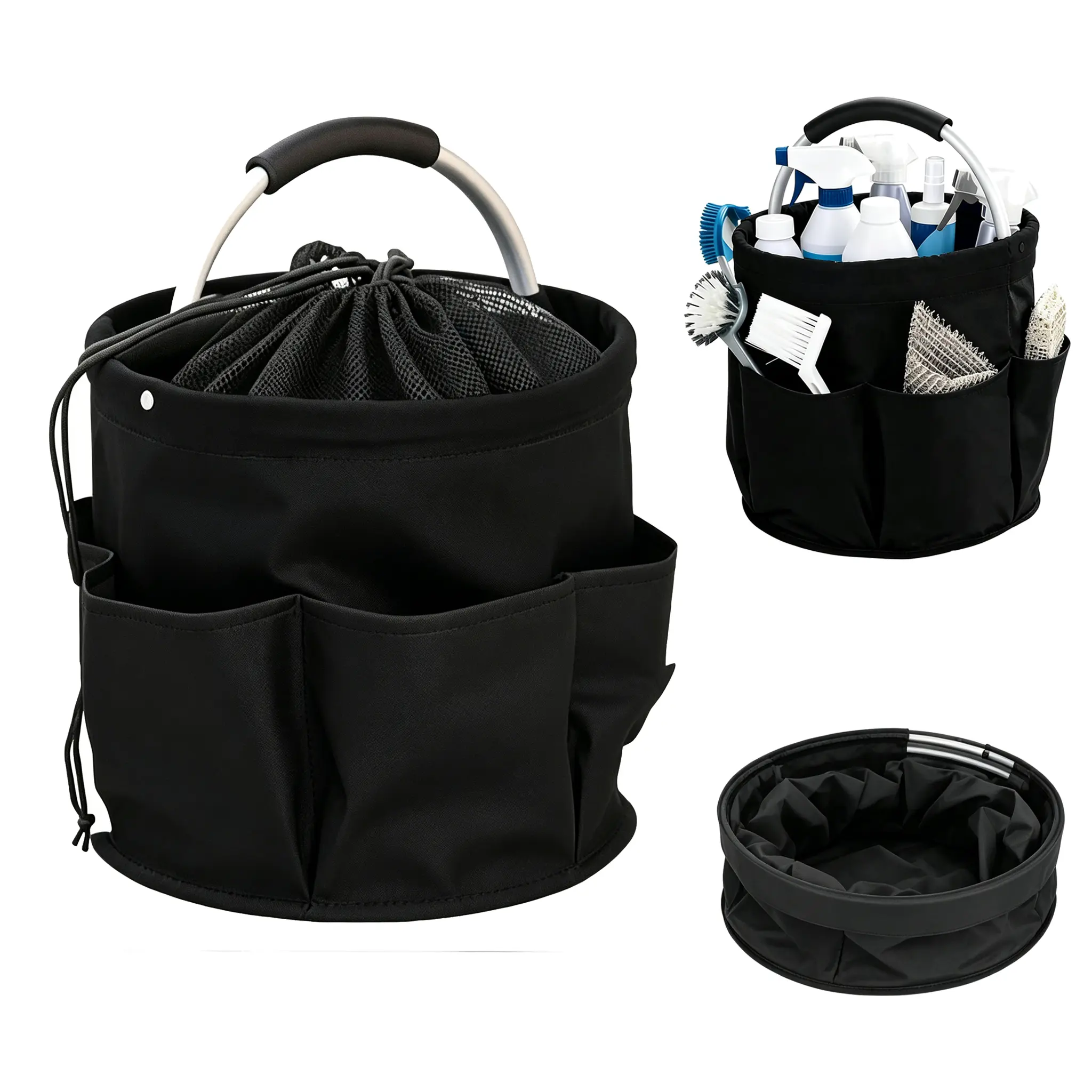 Foldable Storage Basket with 6 Pockets, Cleaning Caddy for Cleaning Supplies, Multi-functional Garden Tool Tote,Portable Organizer Bag with Rounded Handle for Home Outdoor,Cleaning Tool
