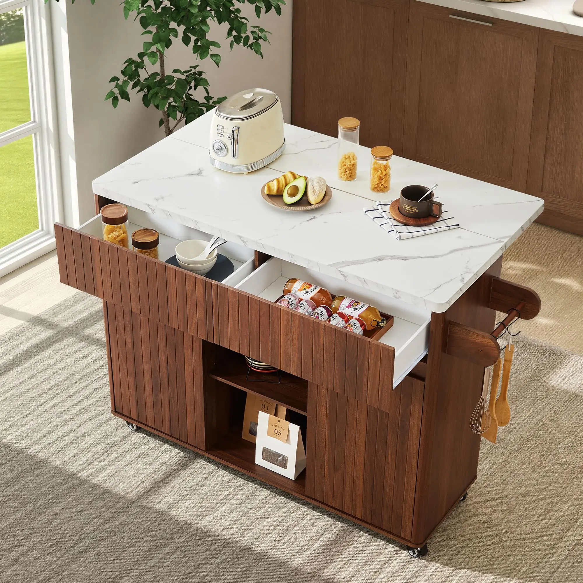Giratree 47" Mobile Kitchen Island with Storage & Drop Leaf, Rolling Kitchen Cart on Wheels with 2 Drawers, Adjustable Shelves, Towel Rack & Hooks, Faux Marble Top Island Table for Kitchen