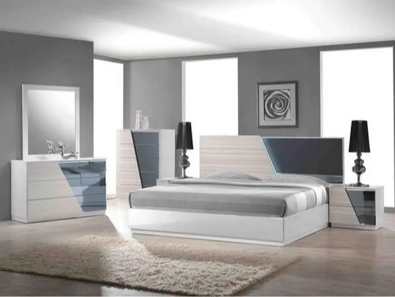 Best Master 4-Piece Zebra Gray Lacquer Finish Wood Modern Queen Bed & Nightstand Set, Dresser Set, Indoor Furniture for Bedroom Decor, Dresser Set Bedroom