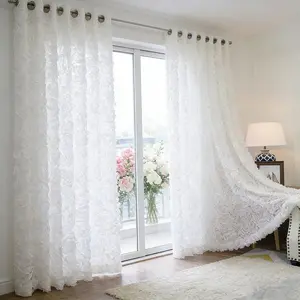 1 PC White 3D Rose Sheer Curtains for Girls Bedroom Floral Lace Curtains Grommet Window Drapes for Living Room Tulle Curtain with Rod Pocket Voile for Wedding