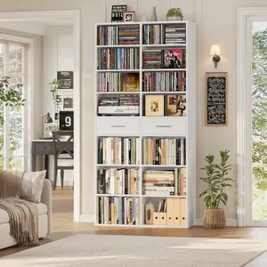 HOSTACK 73" Tall Bookshelf with Drawers 7-Tier Bookshelf with Storage Double Wide Bookcase with 14 Open Shelves Adjustable Shelves for Media CD DVD Storage