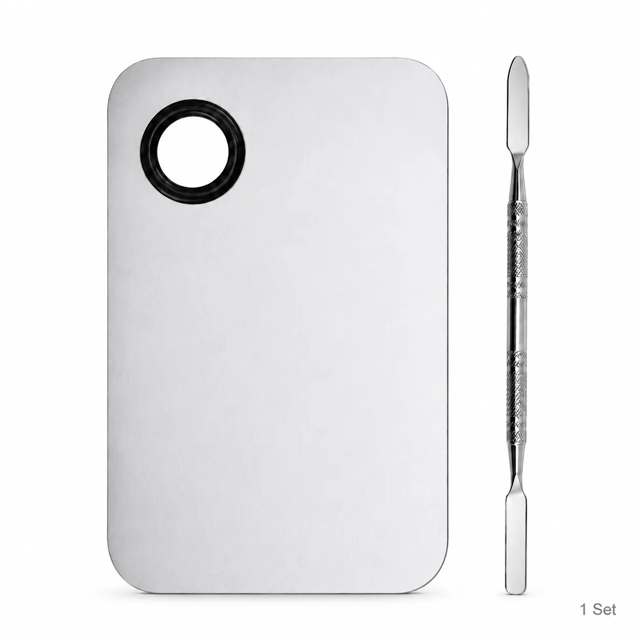 Durable Stainless Steel Cosmetics Mixing Palette Set with Spatula, Finger Ring Palette - MUA-Grade Sanitary Blending Tool for At-Home Routines, Foundation, Custom Shade Cream; Enhances Blending Precision for Beauty Salons