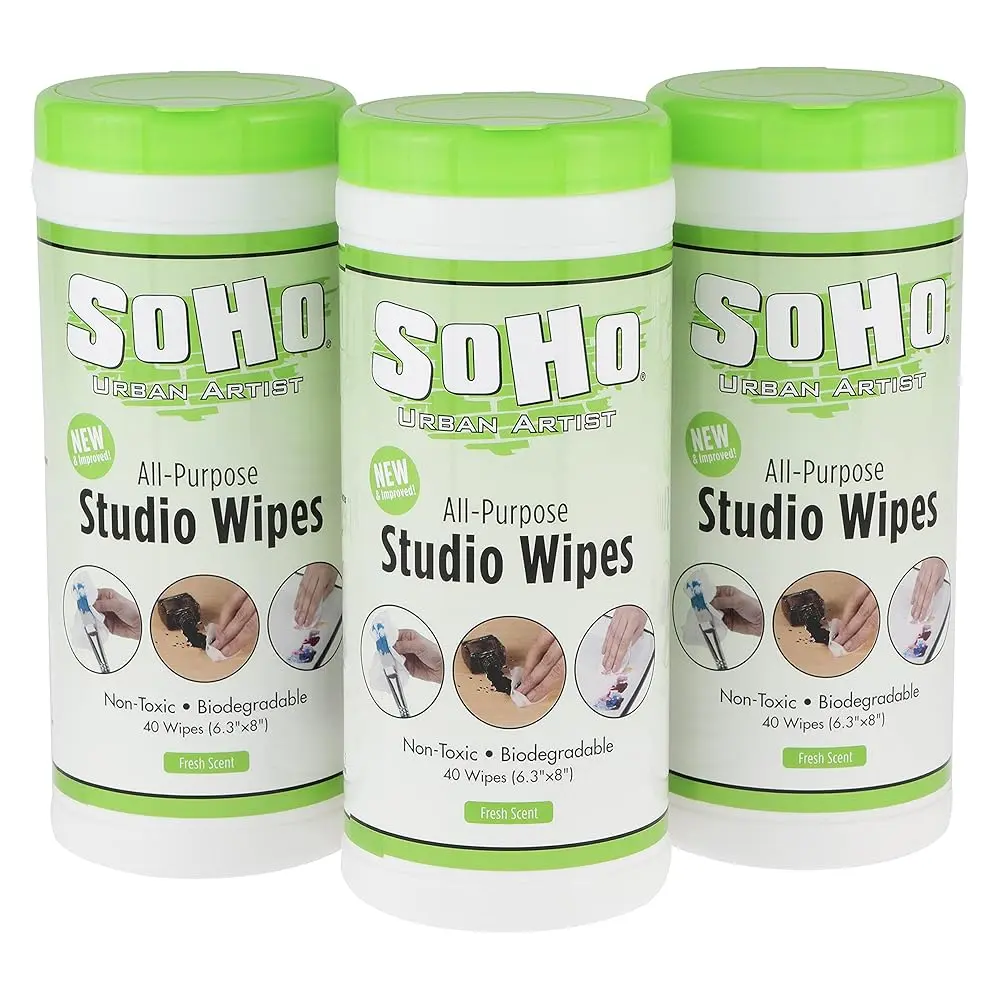 SoHo Urban Artist Multi-Surface Cleaning Wipes, 120-Count Non-Toxic Biodegradable Stain Remover for Paint Brushes, Hands, Palettes (Camera Care Accessory)