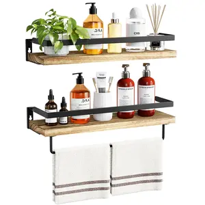 Bathroom Shelves with Towel Bar, Floating Shelves, Wall Shelves for Bathroom/Living Room/Kitchen/Bedroom, Light Brown Shelves Set of 2