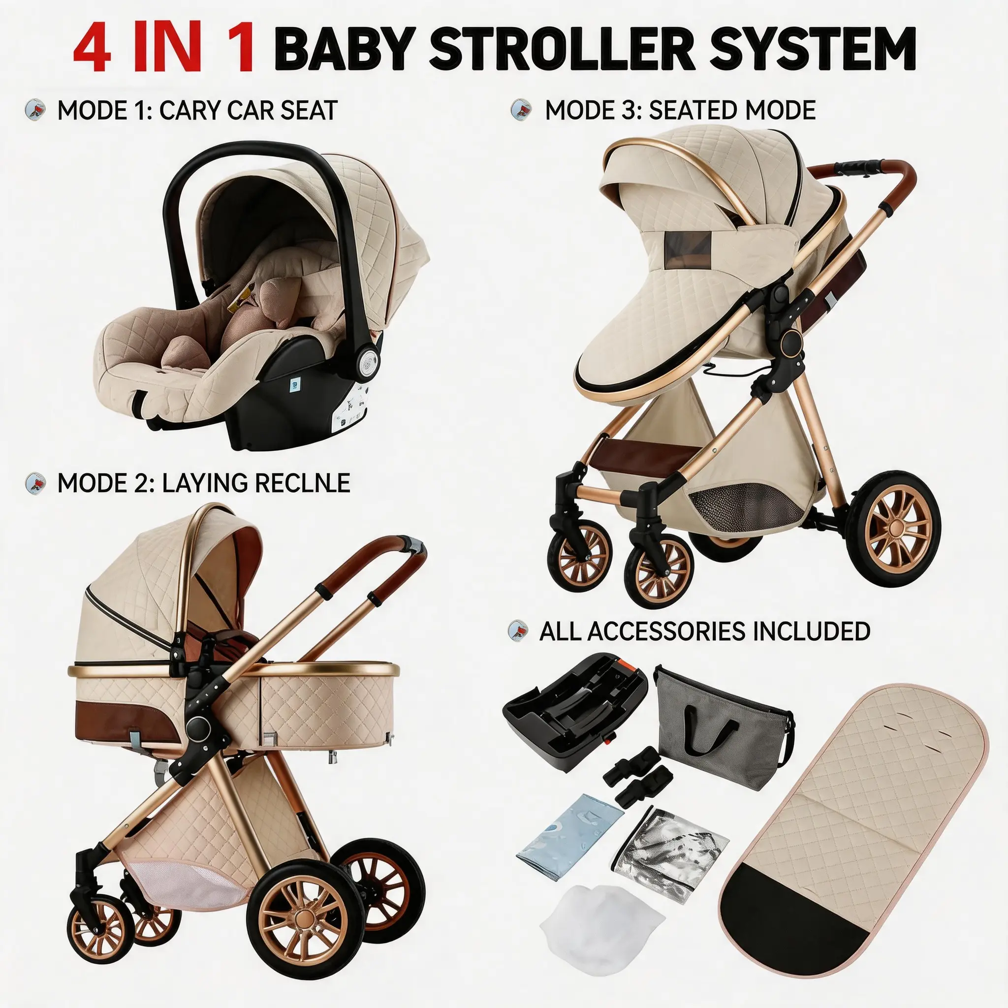 Luxury Infant Toddler Stroller with High View Seat | Compact Folding Baby Carriage for Travel, Shopping & Outdoor Walks Convertible Reversible