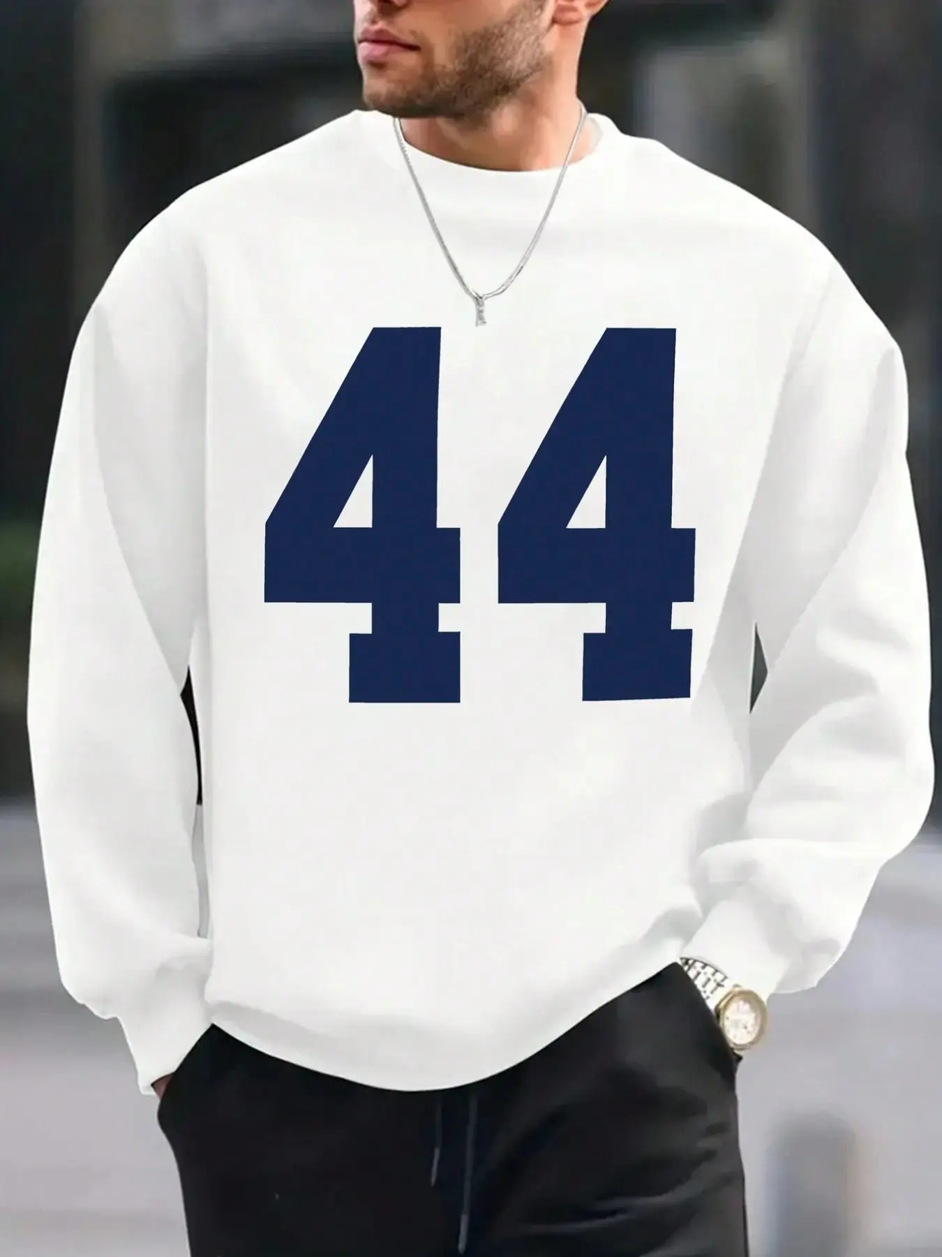 Men's Number 44, Number Print Fashion  Round Neck Long Sleeve Sweatshirt, Comfortable Regular Fit Pullover, Men's Must-Have Autumn Winter Top Stylish And Warm Sweatshirt
