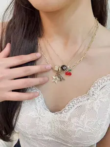3pcs Leopard & Cherry Necklace Set, Ball-8 Billiard Dice Charm Necklace, Cherry Necklace, Fashionable Star Necklace, Classic Leopard Necklace