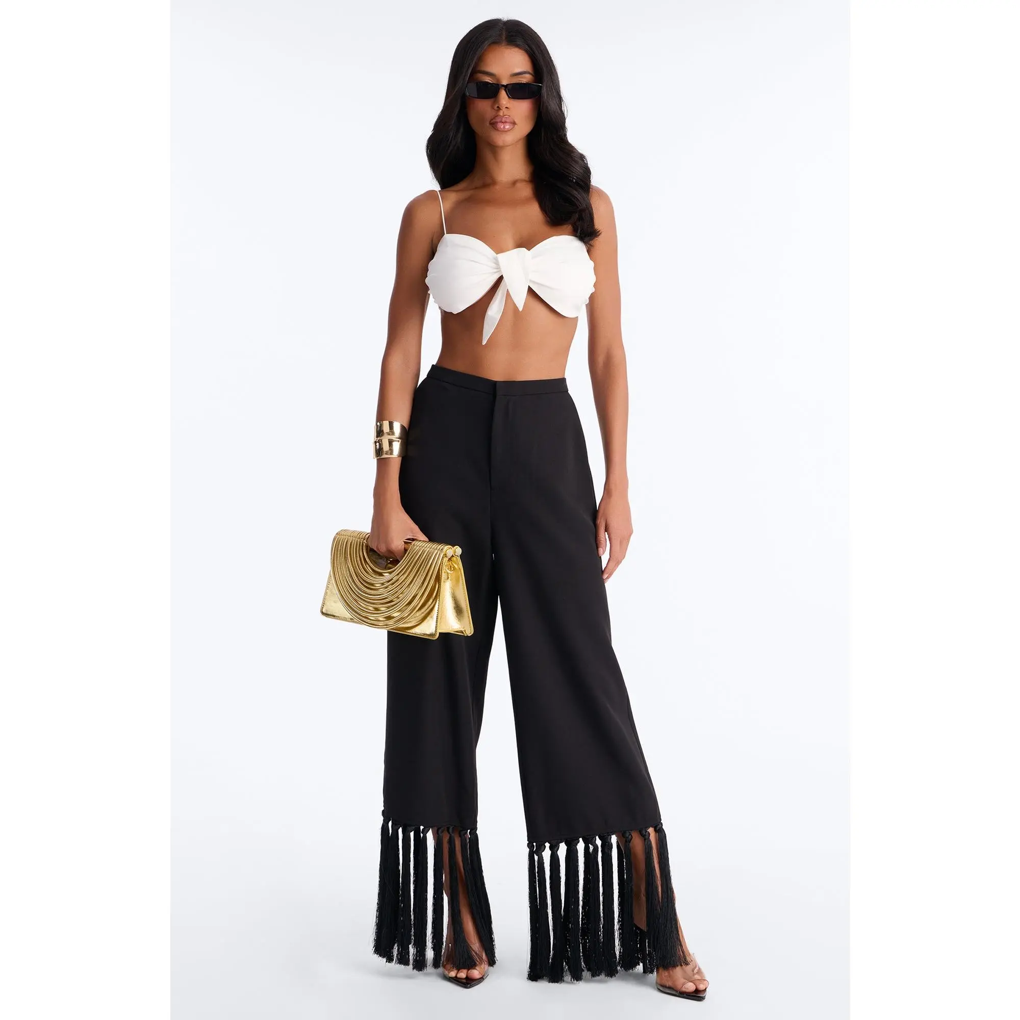 Samantha High Rise Wide Leg Tassel Fringe Trouser - Black
