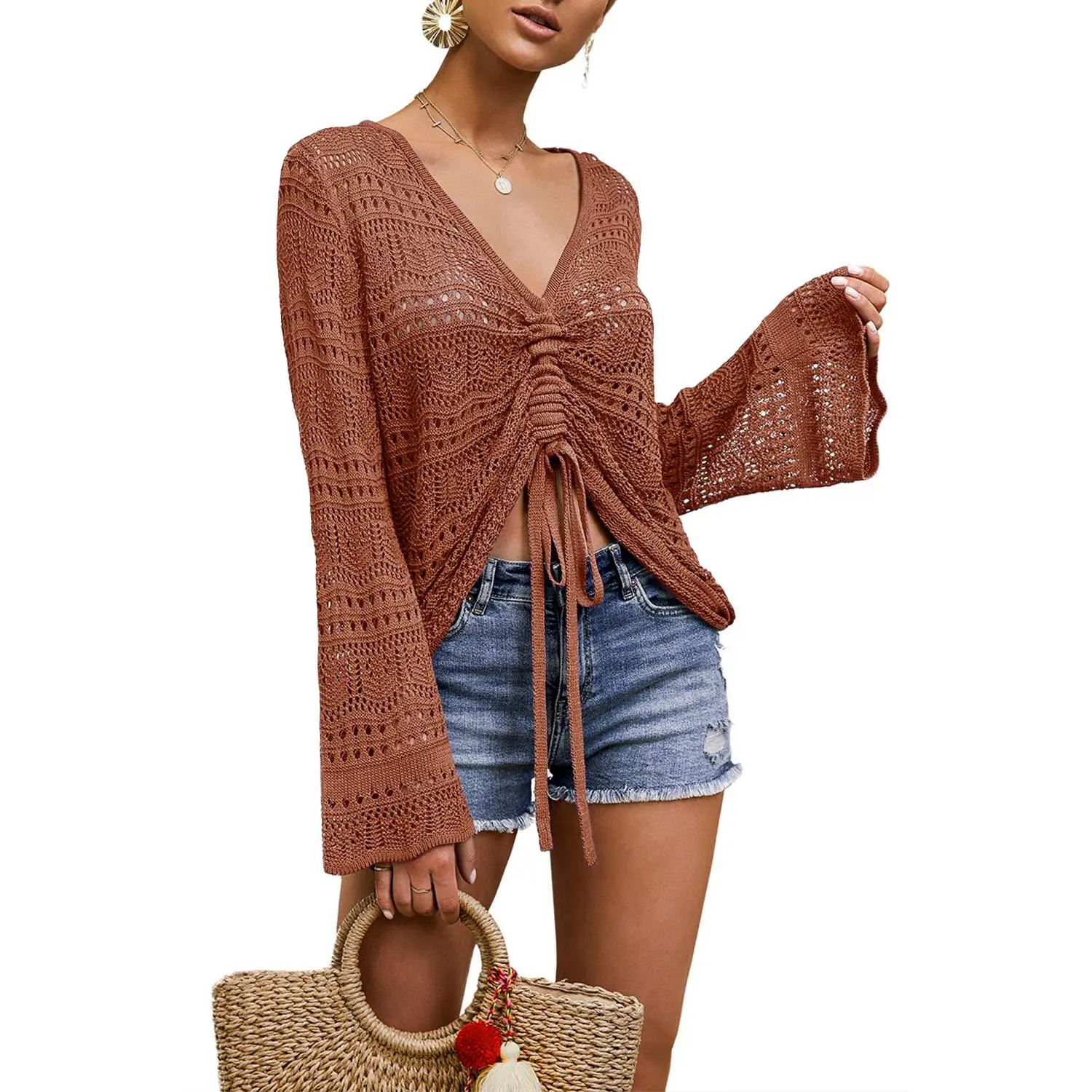 Women's Oversized Crochet Beach Cover Ups - Drawstring Long Shirt, Lace-Up Tee Poncho, Sexy Beachwear Blouse