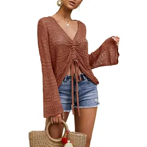 Women Crochet Top Beach Cloth Drawstring Long Shirt Cover Up Oversized Sexy Beachwear Lace Up Tee Poncho