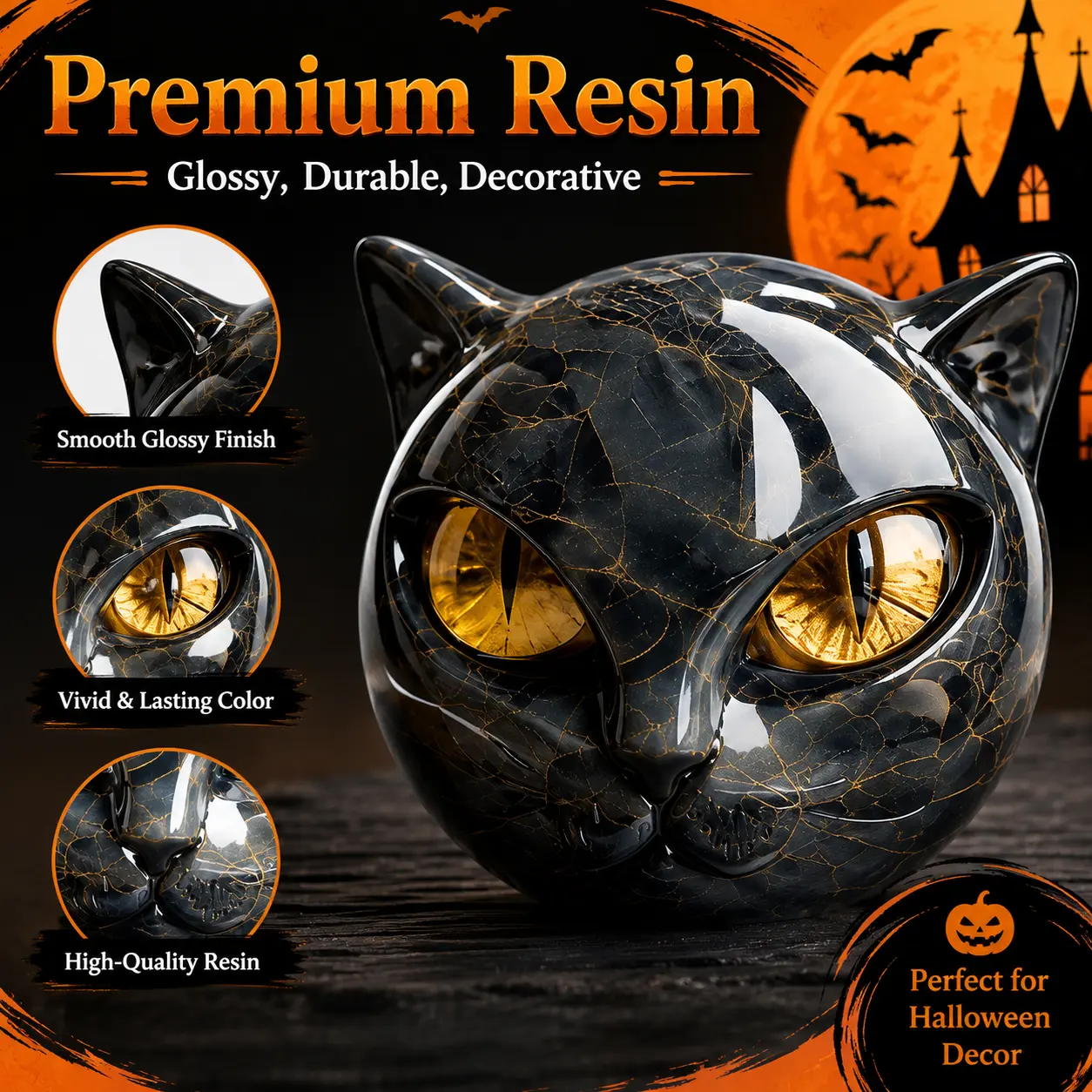 Halloween Black Cat Stone Sculpture Figurine – Handcrafted Marble-Look Resin Statue with Amber Eyes, Spooky Elegant Shelf Decor, Gothic Home & Office Halloween Tabletop Ornament