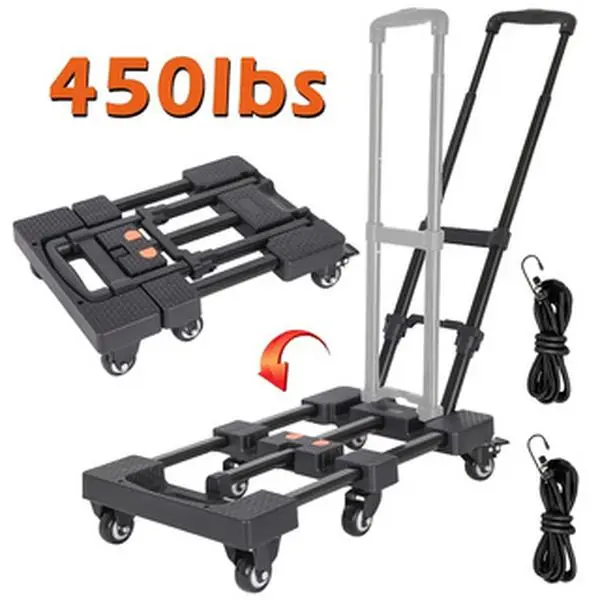 Folding Hand Truck 450lbs, Portable Heavy Duty Dolly Cart, 6 Wheels Collapsible Luggage Cart with 2 Elastic Ropes - Compact Trolley Cart for Easy Moving - Ideal Hand Cart for Travel and More