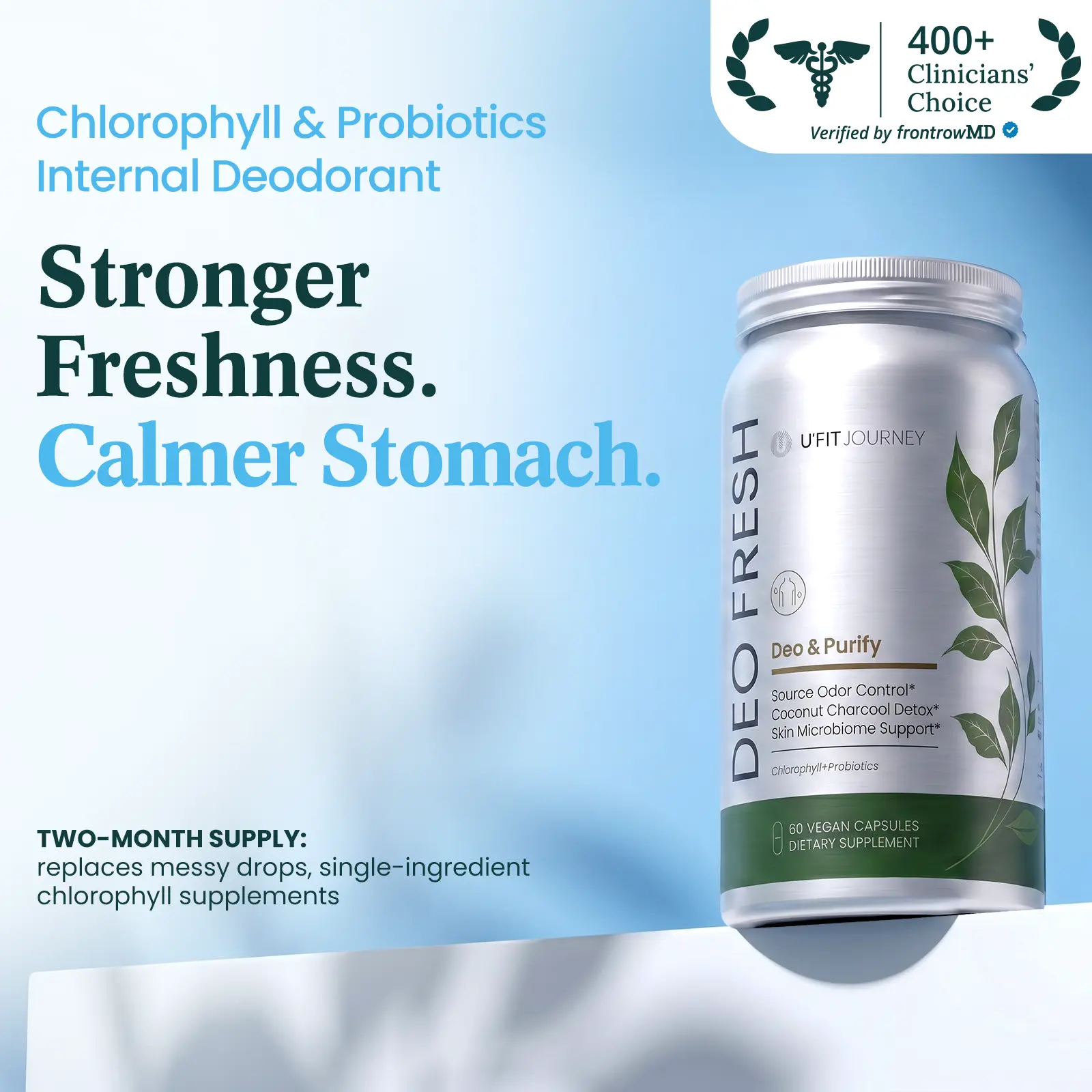 UFITJOURNEY DEO FRESH 6-in-1 Probiotics & Chlorophyll Body Deodorizing Supplement  | 2 Month Supply | Skin Probiotics & Chlorophyll & Zinc & Coconut Charcoal | Detox & Digestion & Skin Health Support | 60 Vegan Capsules Healthcare Fitness Beauty Edible