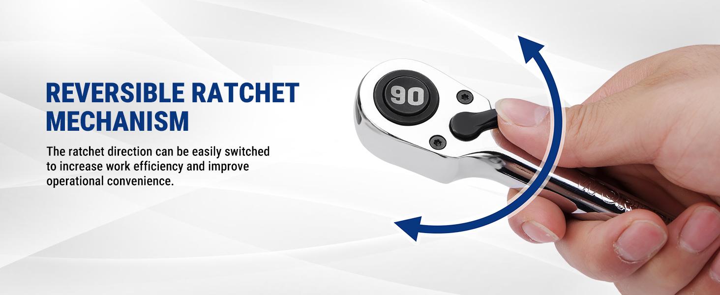 WORKPRO Low-Profile Drive Ratchet Set - 1/4", 3/8", 1/2" Sizes, 90-Tooth Quick-Release, Reversible, 4° Swing, CR-MO Steel Compact Head, Polished Finish, for DIY Maintenance, Tight Spaces, Tool Enthusiasts