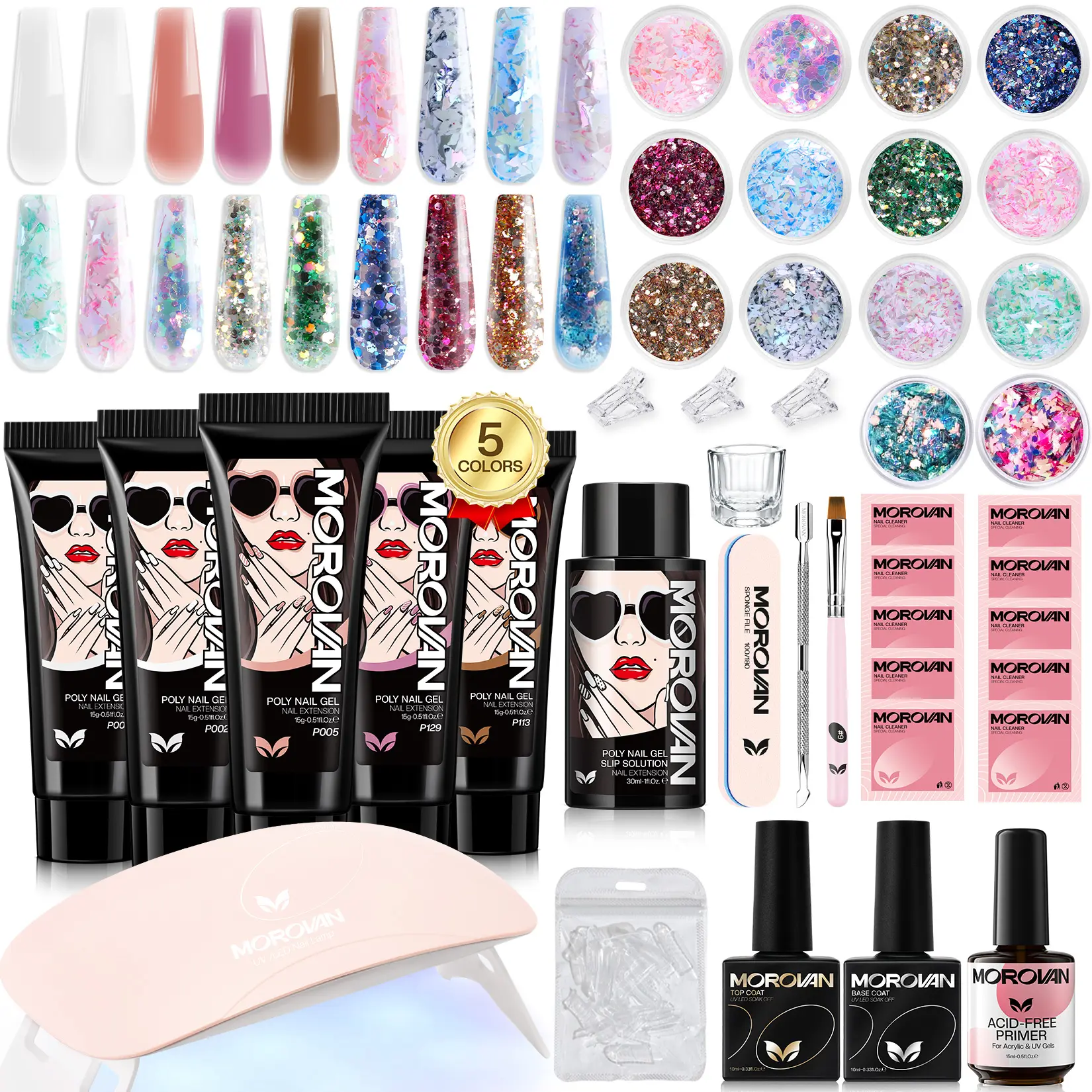 MOROVAN Poly Gel Nail Starter Kit , UV Lamp, Slip Solution, Base Coat, Top Coat for Nail Extensions Polygel Nail Kits Manicure