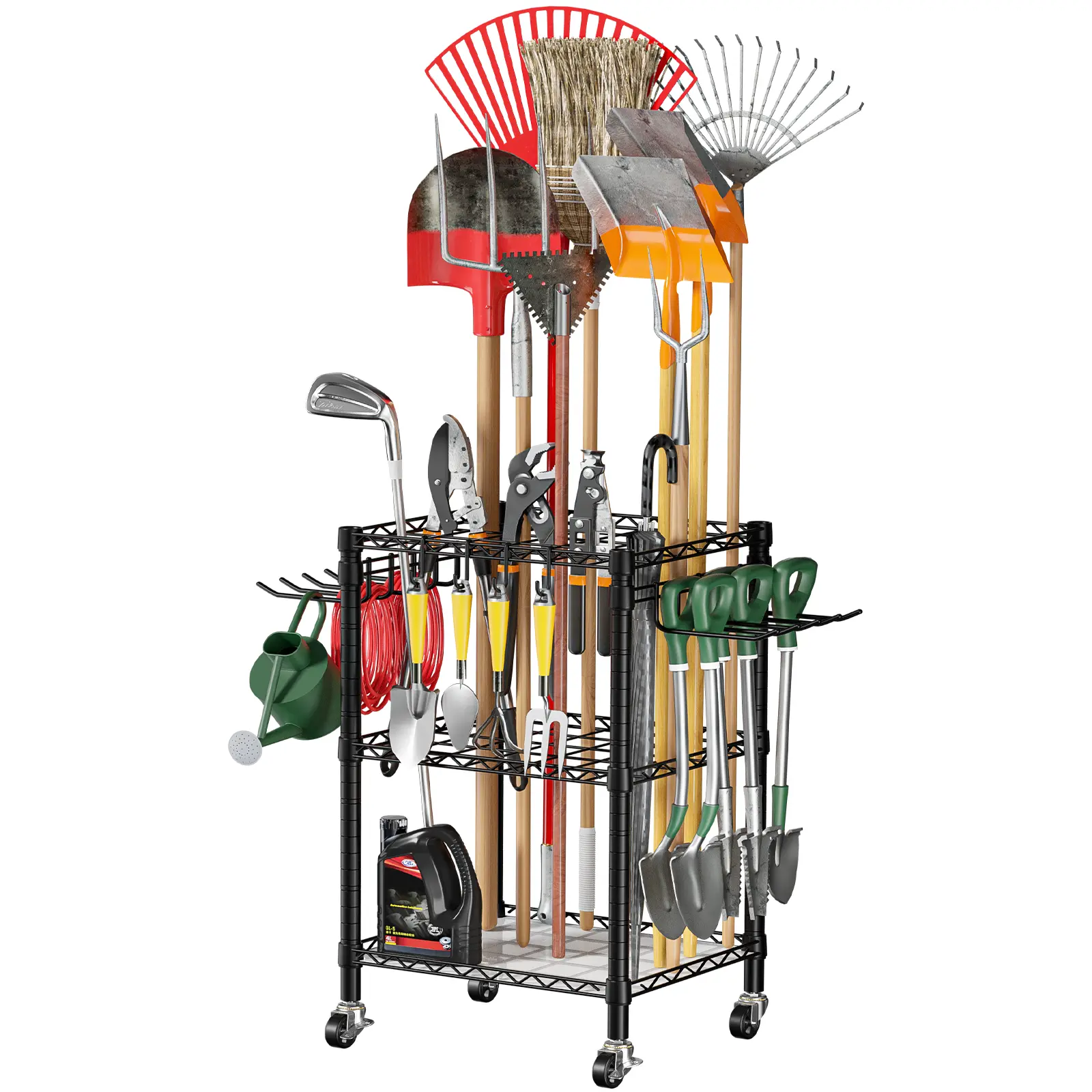T1 Heavy-Duty Tool Organizer with Lockable Wheels, Anti-Tip Device, Storage Organization, Freestanding Design for Garage, Outdoor Lawn, Holds Up to 50 Tools, Black, Full Set, 4*S-Hook, Garage-Ready Tool Station