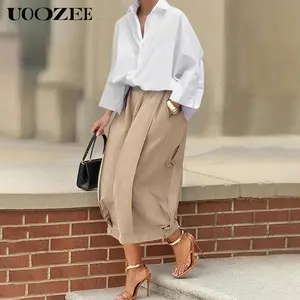 UOOZEE Women's Lady Basic 100% Cotton Minimalist Loose Solid Color Capri Pants - Elastic Waistband, Lantern Bottoms, Pockets, Summer Fit, Comfortable Breathable Fabric for Daily Casual Wear