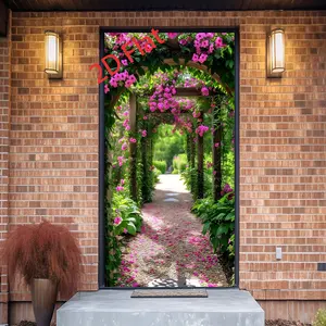 2D Landscape Door Banner, Rose Archway Corridor Decor, Indoor Decoration for Living Room Bedroom Door, Home Garden Photography Backdrop, Wedding Arched Backdrop