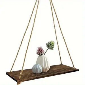 Wooden Wall Mounted Hanging Rope Shelf, 1 Count Flower Pot Storage Rack, Wall Hanging Ornament for Home Living Room Bedroom Vintage Home Decor Decoration