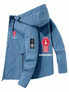 Men's Lightweight Polyester Fashion Hooded Jacket, Kenworth Letter Print, Full Zip Front, Casual Outdoor Spring Fall Summer Coat, Casual Fitted Jacket