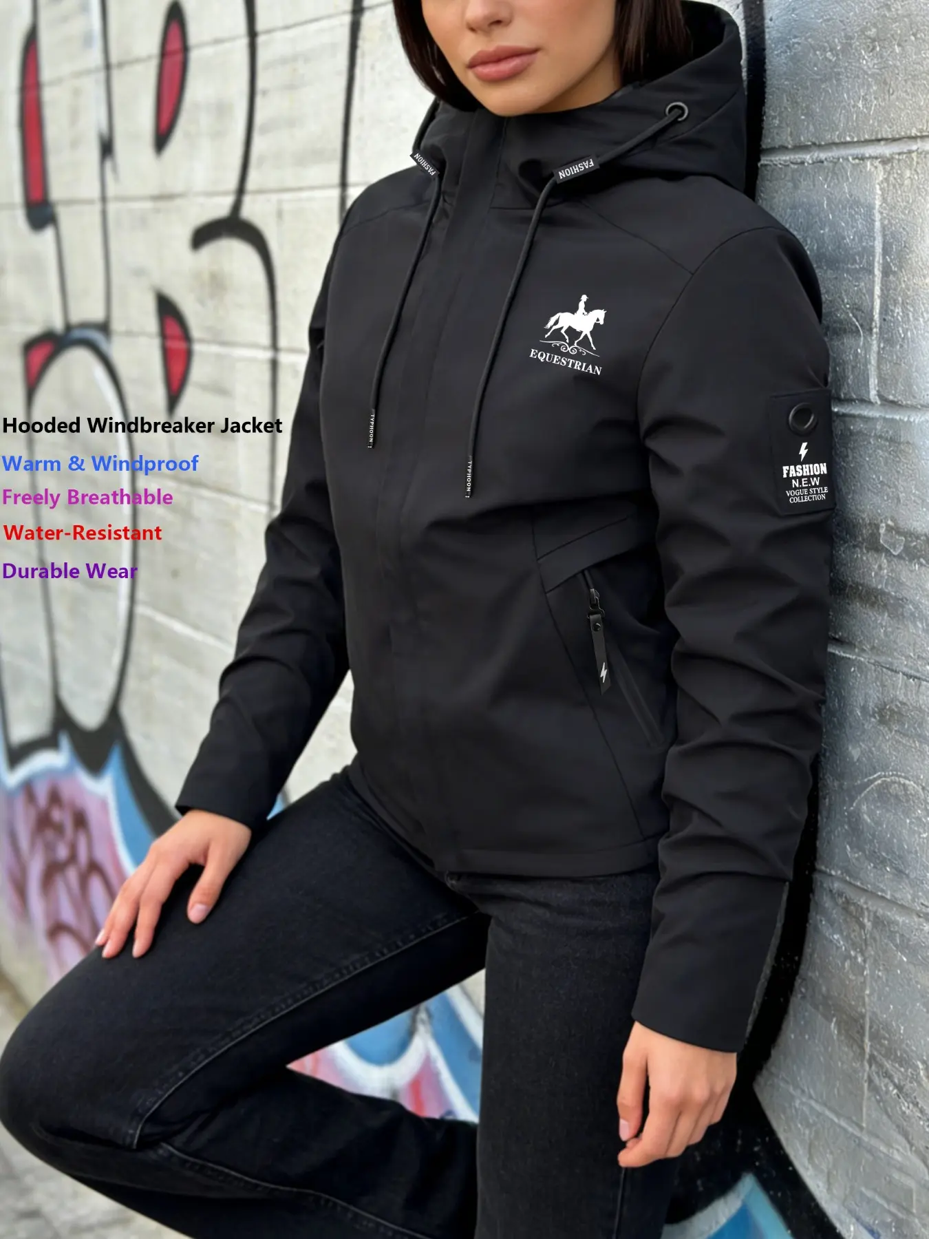 Womens Hooded Windproof, Wind Resistant Outerwear Jacket Equestrian Rider Print Outdoor Sports Jacket Coat Stand Collar Loose Warm Windbreaker for Hiking Skiing Breathable Machine Washable Lightweight All Season Outerwear Practical Pockets Durable Zipper