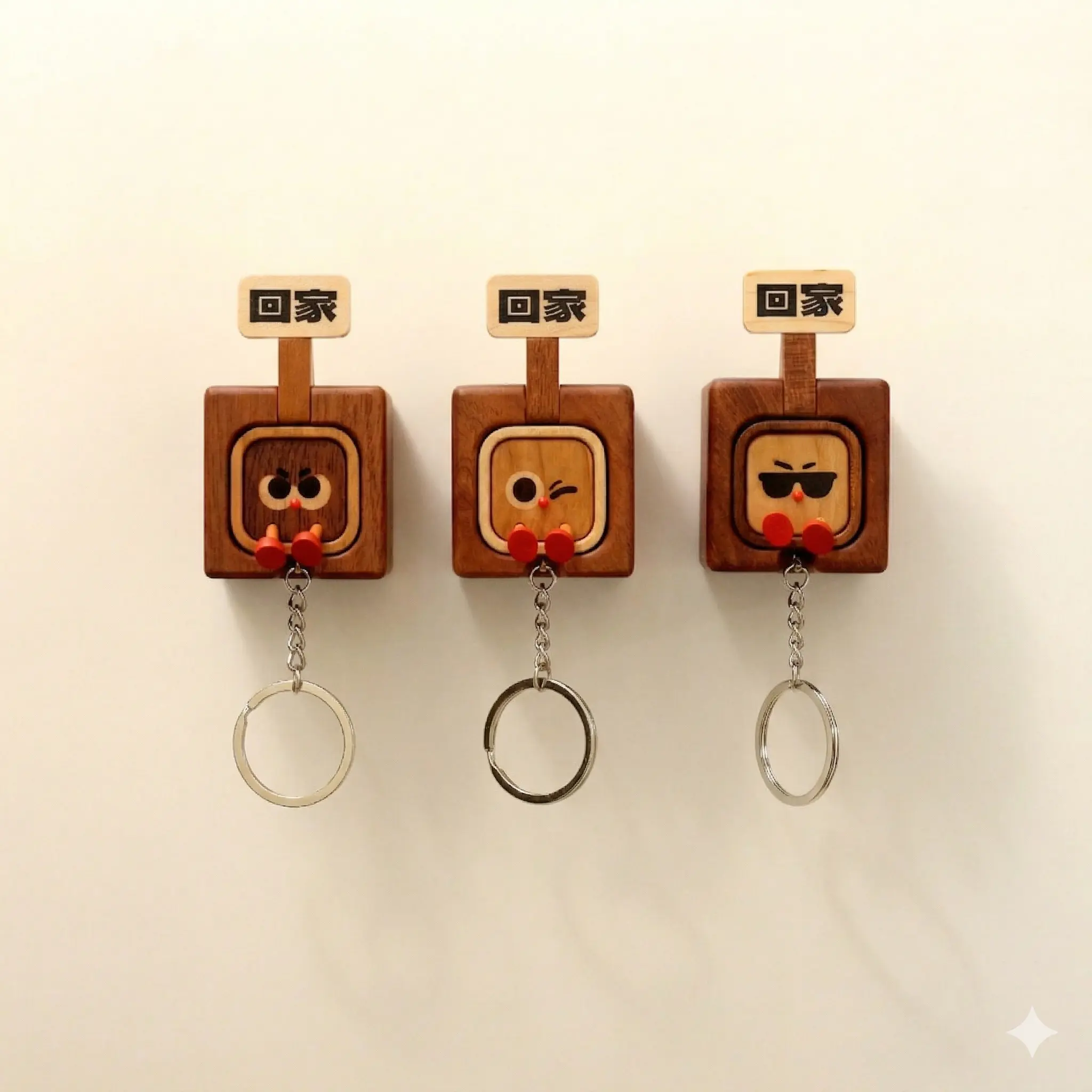 Aesthetic Wood Chinese Key Holder&Wall Organizer with Interactive Pop-Up Cute Face Keychain Hook Premium Walnut Entryway Decor Quirky New Home Love mini gifts  funny gifts for adults , Wooden, Adjustable, Wall Mount Organizer, Wall Shelf Unit