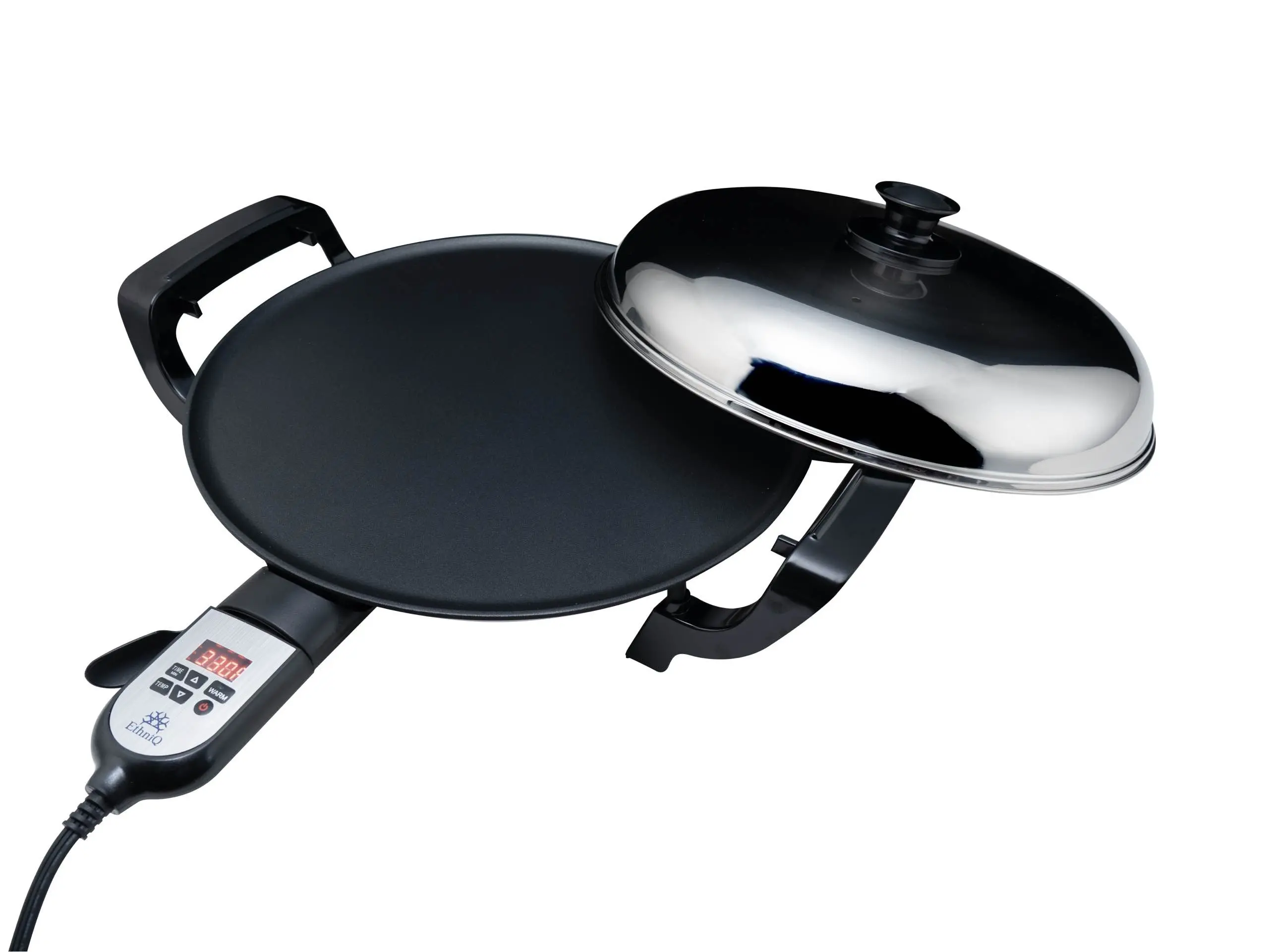ETHNIQ 16-in Round Corded Compact Table Top Grill - Teflon Coat Nonstick Electric Griddle, Digital Temp Control, Even Heating, Teff Maker for Ethiopian Injera Cooking, Beginner-Friendly