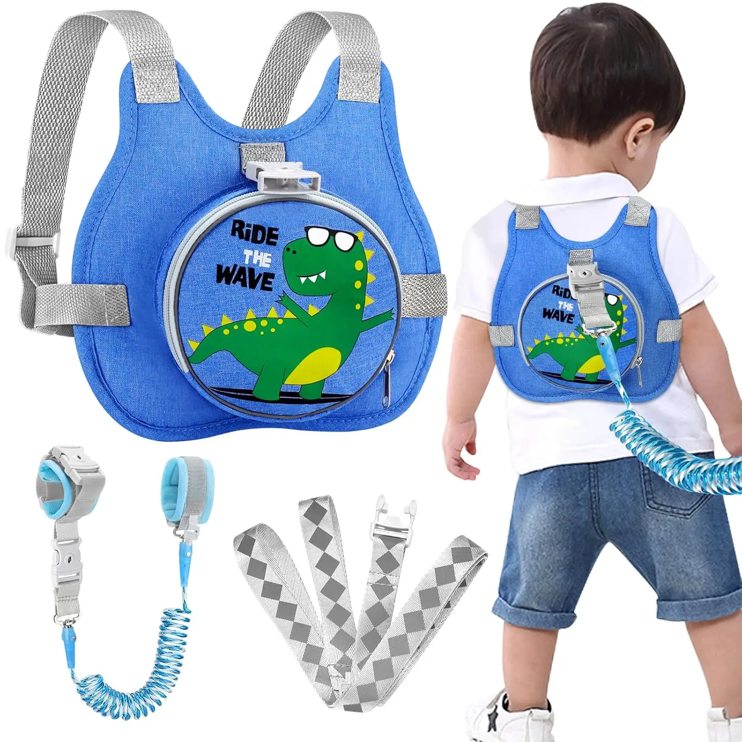 Toddler Safty Harness Leash + Reflective Anti Lost Wrist Link, Cute Dinosaur Kid Walking Harness with Leashes, Foldable Child Restraint Belt Pocket Tether Hold Baby Boy Close for Outdoor Travel