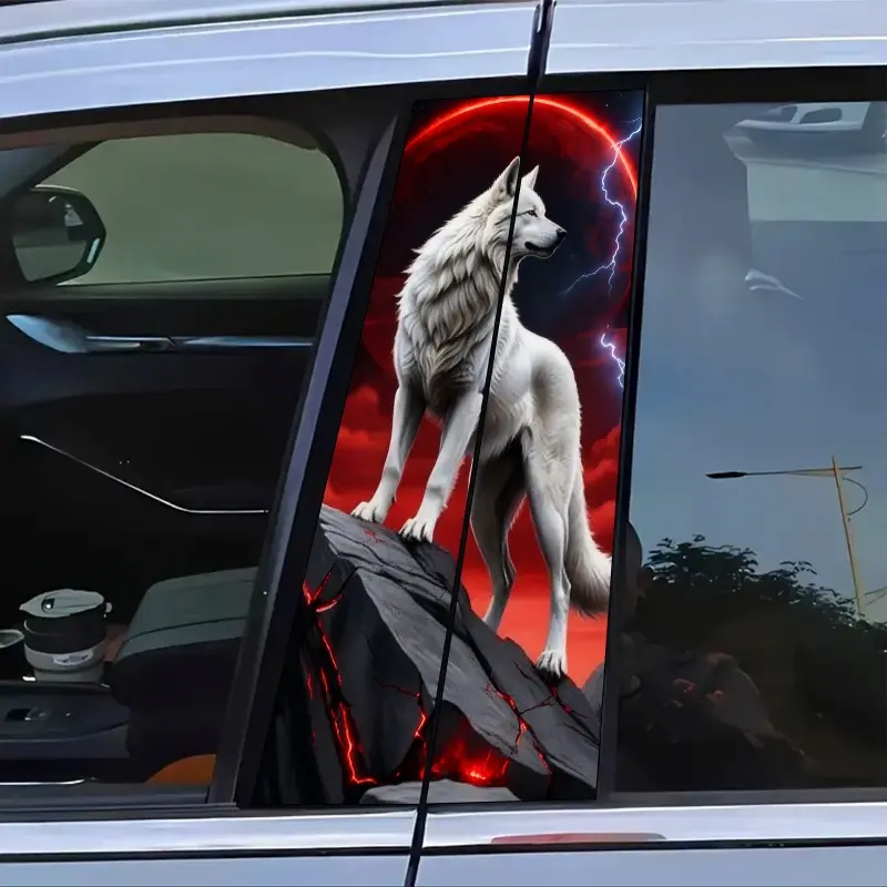 2Pcs White Wolf car sticker, Decal for cars, Blood Moon Lightning scene, floral design, vinyl material, scratch-resistant, waterproof sunscreen PVC, vehicle B-pillar protective film