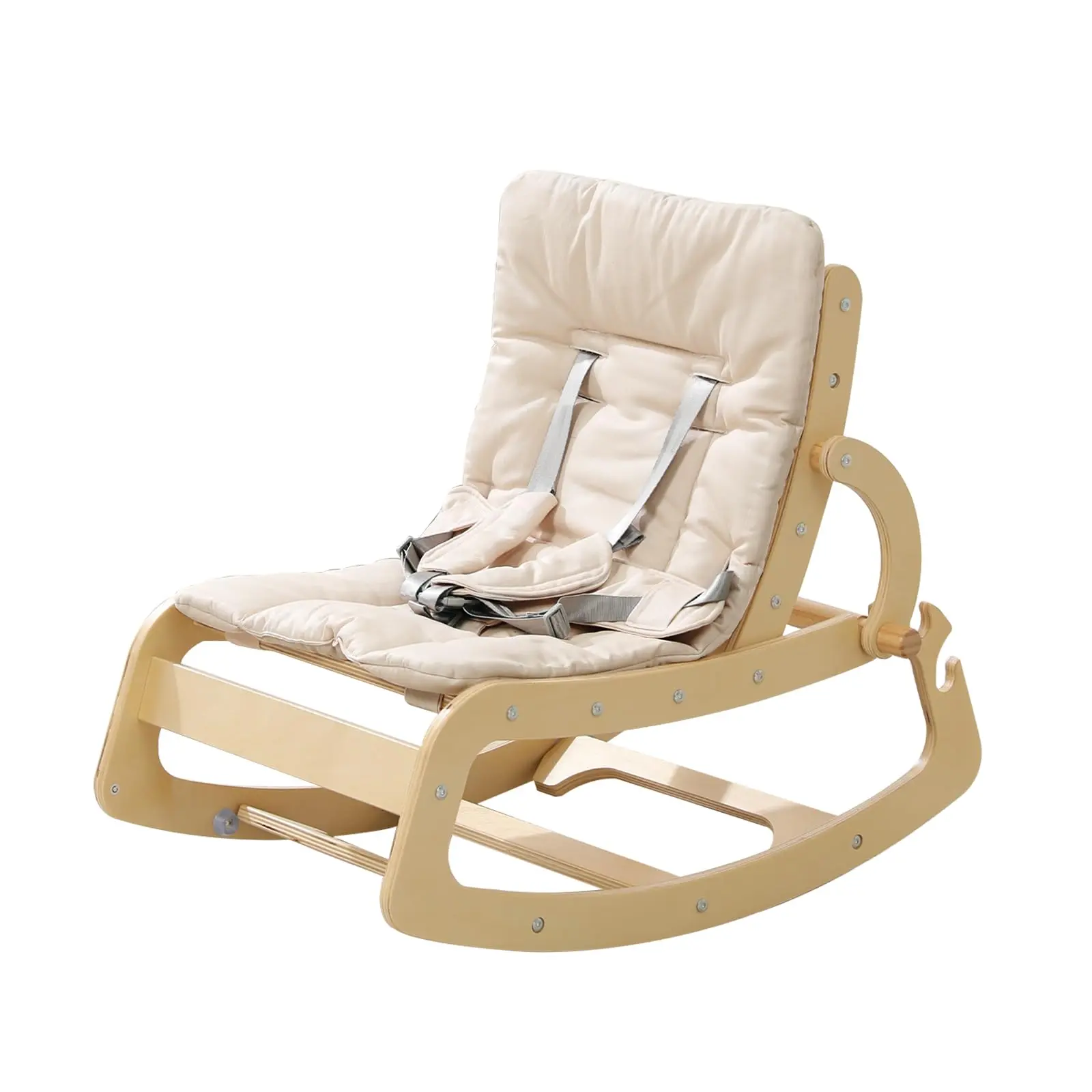 3-in-1 Baby Bouncer Adjustable Wooden Rocker Chair, Ergonomic Design Baby Lounger with Removable Cushion,Seat Belt and Booster, Recliner for Infants to Toddler