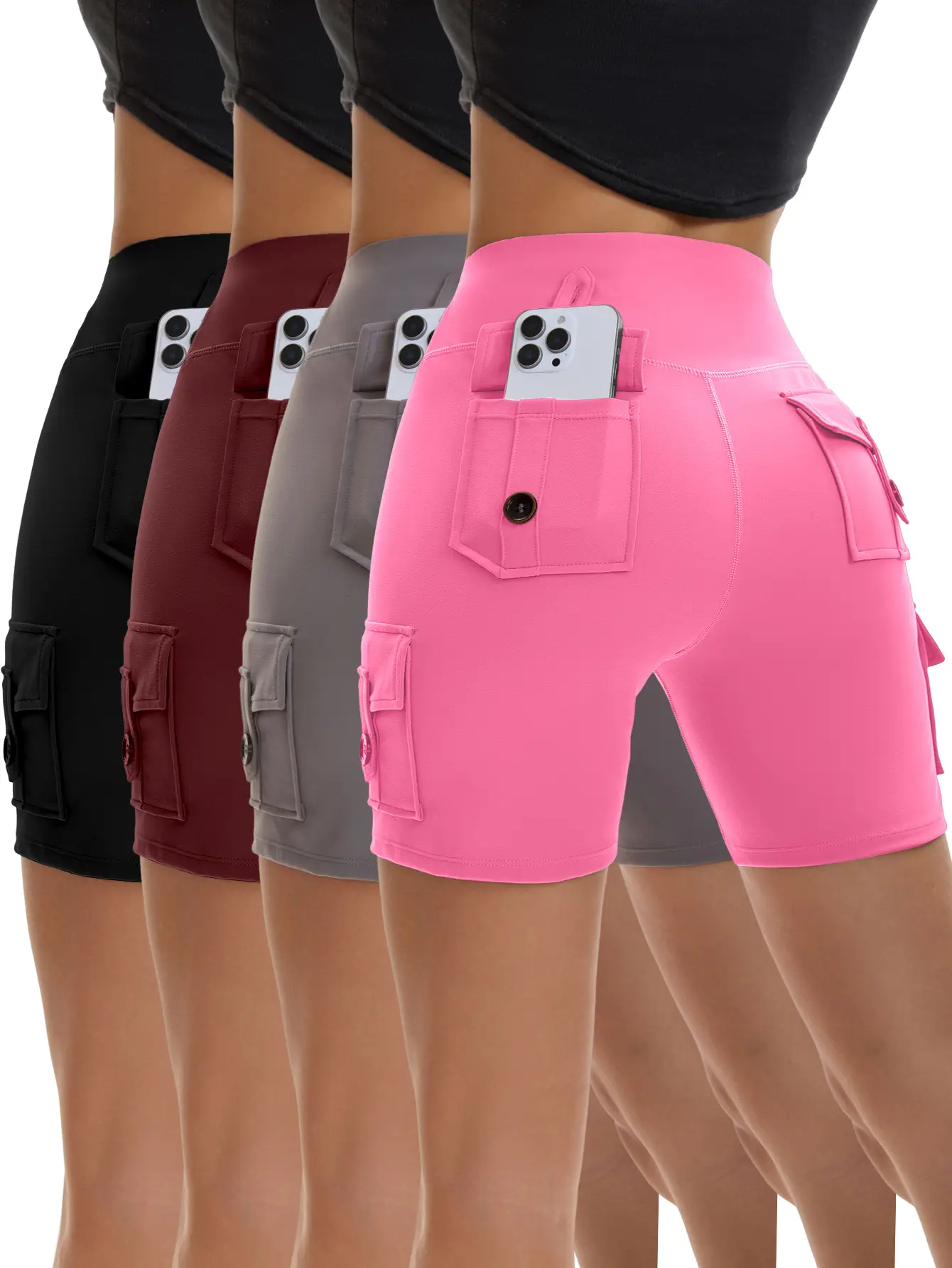 4 Pack High Waist Cargo Biker Shorts for Women, Multi Button Side Pocket Stretch Workout Yoga Shorts, Squat Proof Soft Opaque Athletic Shorts for Gym, Running & Casual Daily Wear
