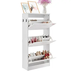 【Father's Day Gift】VEVOR Minimalist Wood-Aluminium Shoe Rack Cabinet, 3 Flip Drawers Free Standing Shoe Organizer with Side Hooks for Entryway, Hallway (Decor-Friendly for Heels, Boots, Slippers)