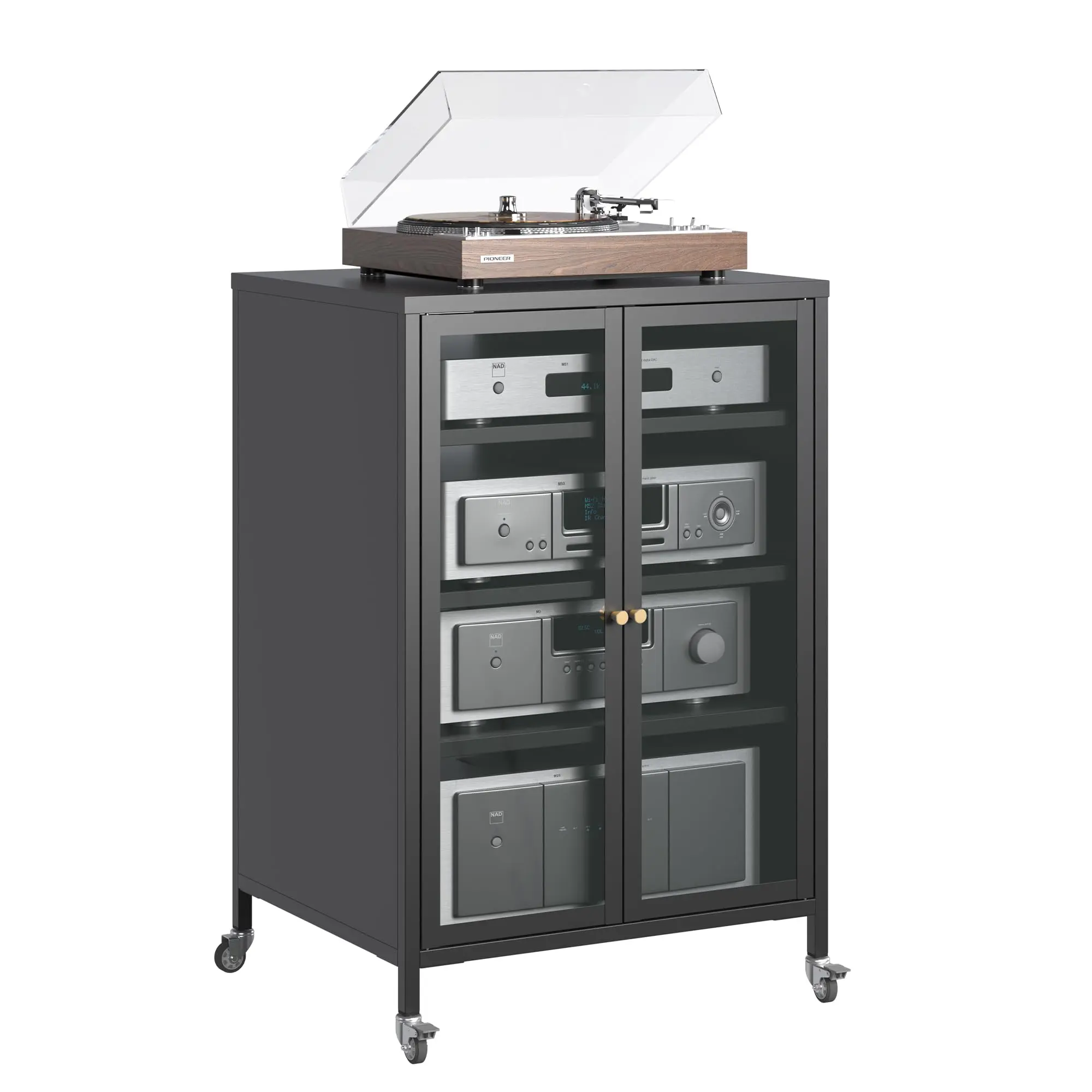 Black Metal Stereo Cabinet with Glass Doors - Indoor All-Metal Audio-Video Media Stand, 4 Adjustable Shelves Standalone Support Cabinet for Living Room (Assembly Required)