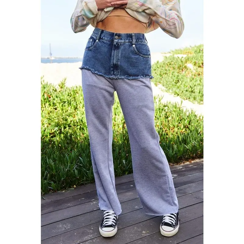 Davi & Dani Raw Hem Denim Patchwork Wide Leg Pants