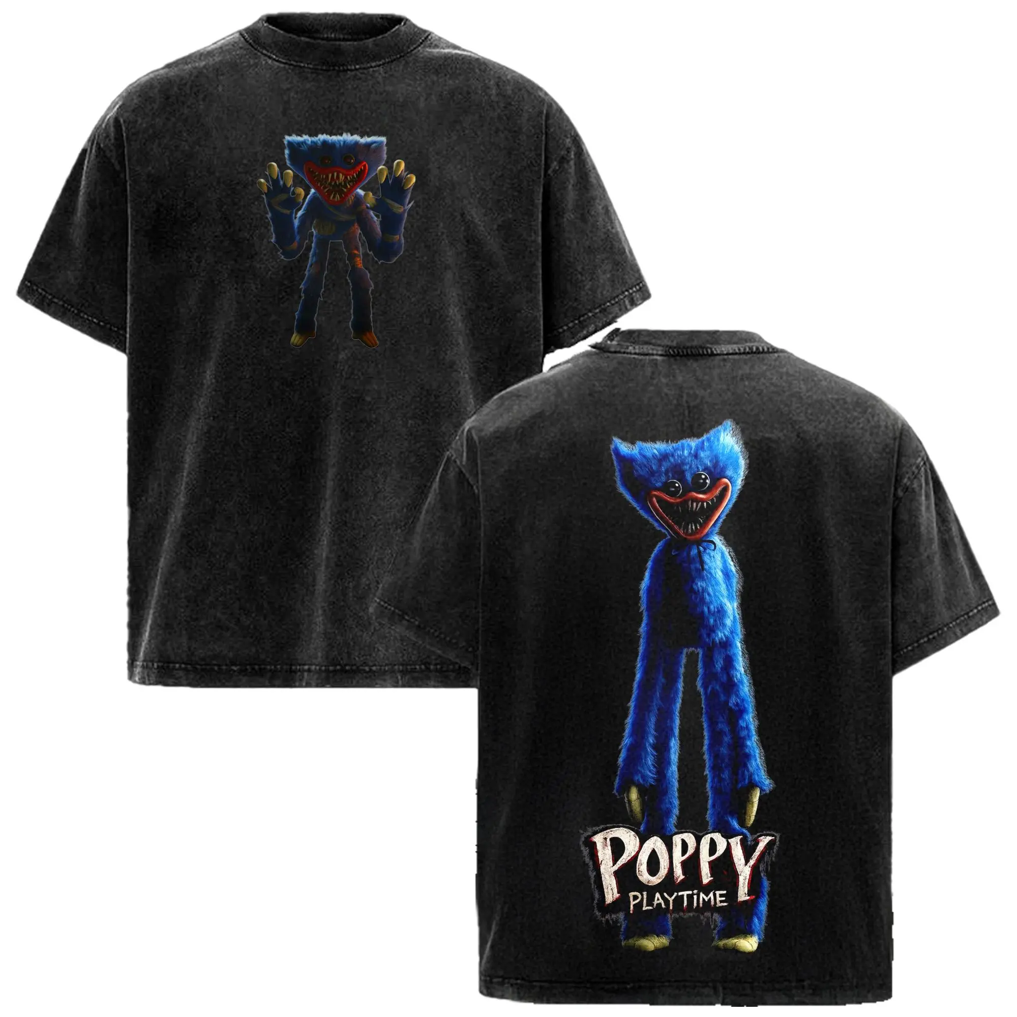 Huggy Wuggy Poppy Playtime Washed Tee – Cozy Oversized Vintage Shirt with Double Trouble Plushies | Grip Tight or Scream Even Louder!