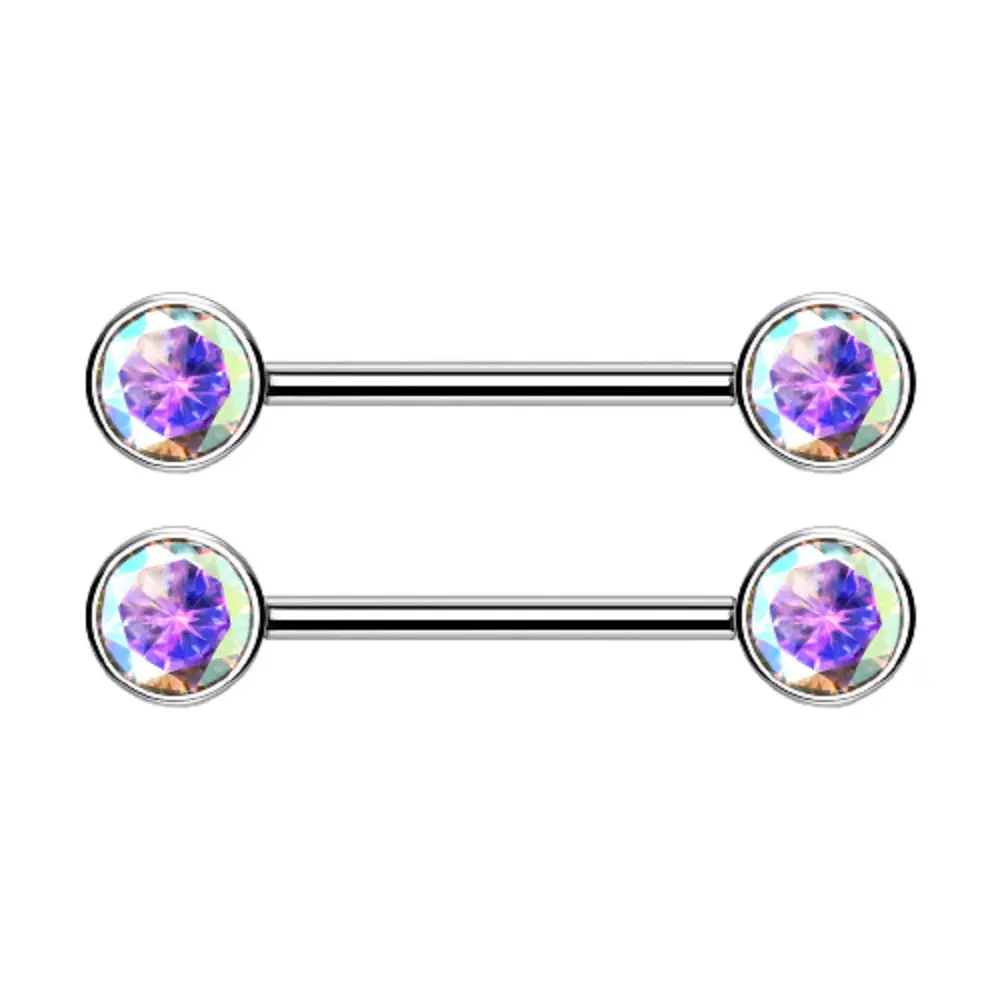 Threadless Push-in Bezel Set CZ Crystal Nipple Barbells - G23 Implant Grade Titanium - Pair