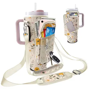 Water Bottle Holder Carrier Bag for Stanley 40oz/30oz Tumbler with Phone with 2 Adjustable Strap 3 pockets to hold more Floral Flower Bottle Holder Stanley Cup Accessories for Hiking Travelling